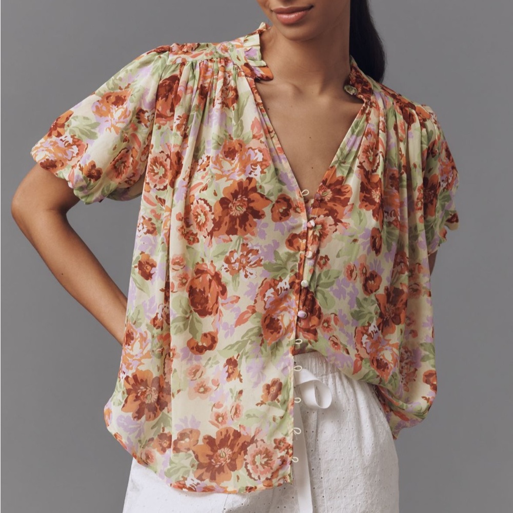 Anthropologie Floral Button-Up Blouse - Orange and Green